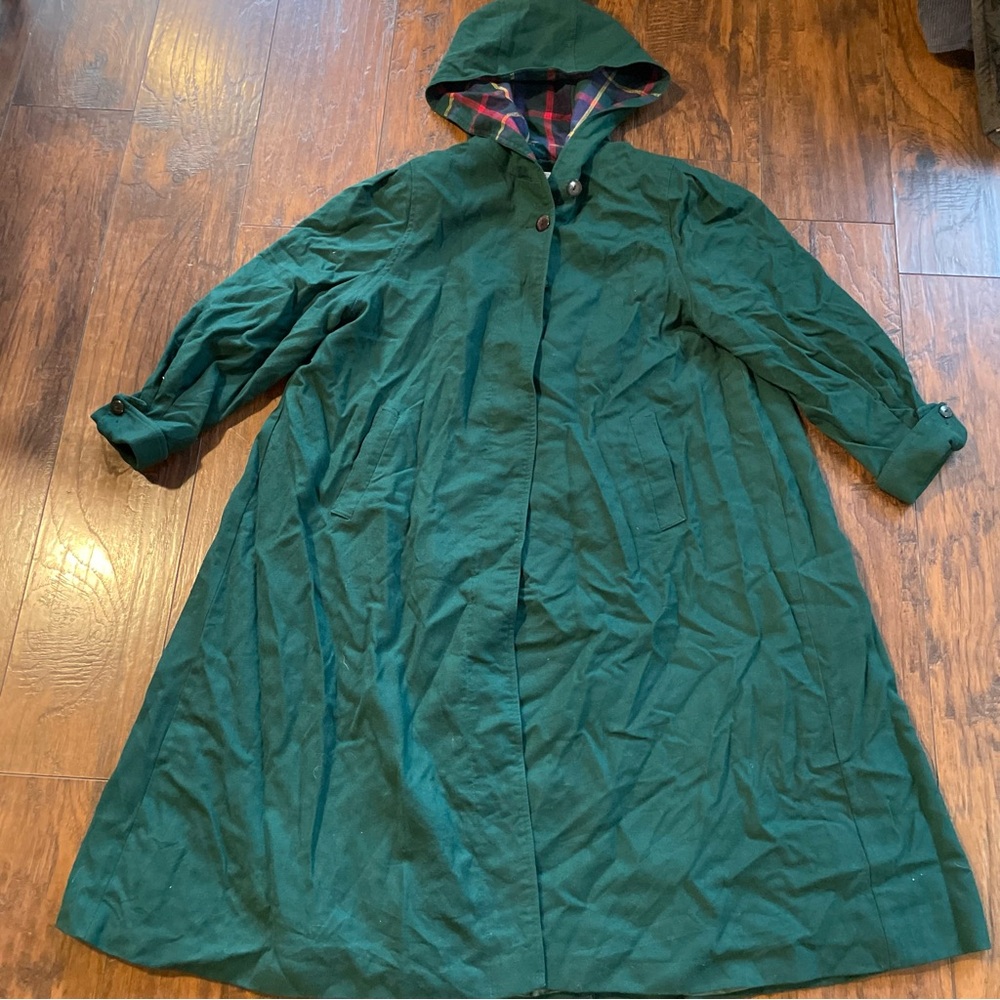 Forest Green Hooded Trench Coat with Plaid Lining